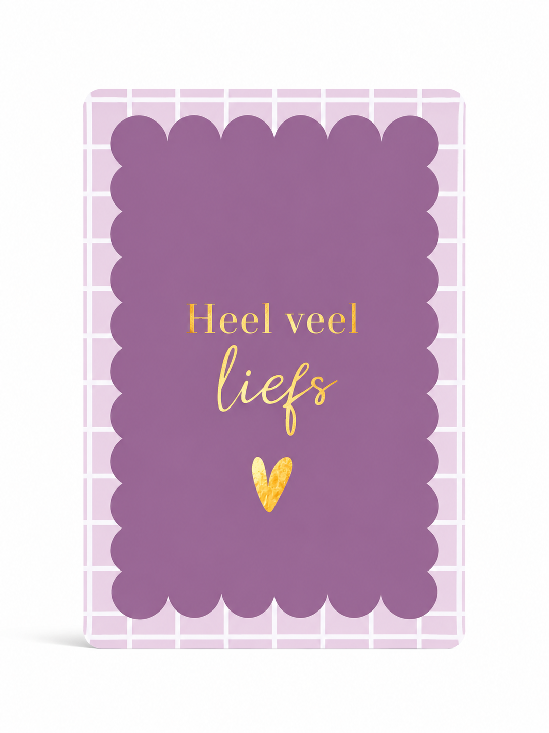 Paars cadeaukaartje met de tekst Heel veel liefs en gouden hartje