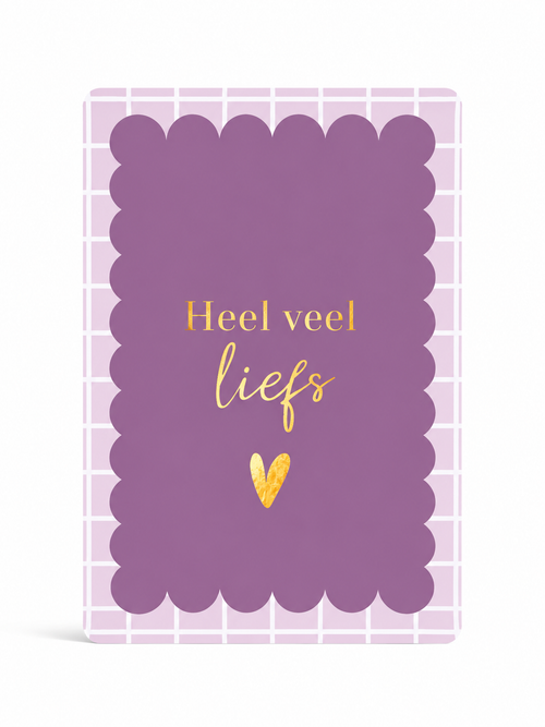 Paars cadeaukaartje met de tekst Heel veel liefs en gouden hartje