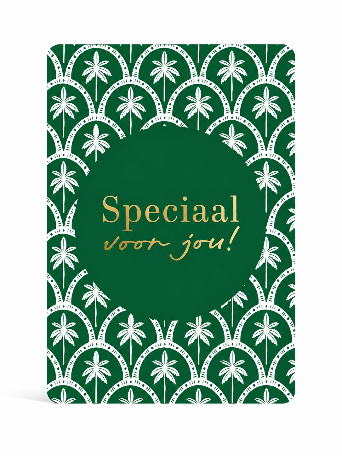 Donkergroen cadeaukaartje met palmbladeren en de tekst Speciaal voor jou in gouden letters