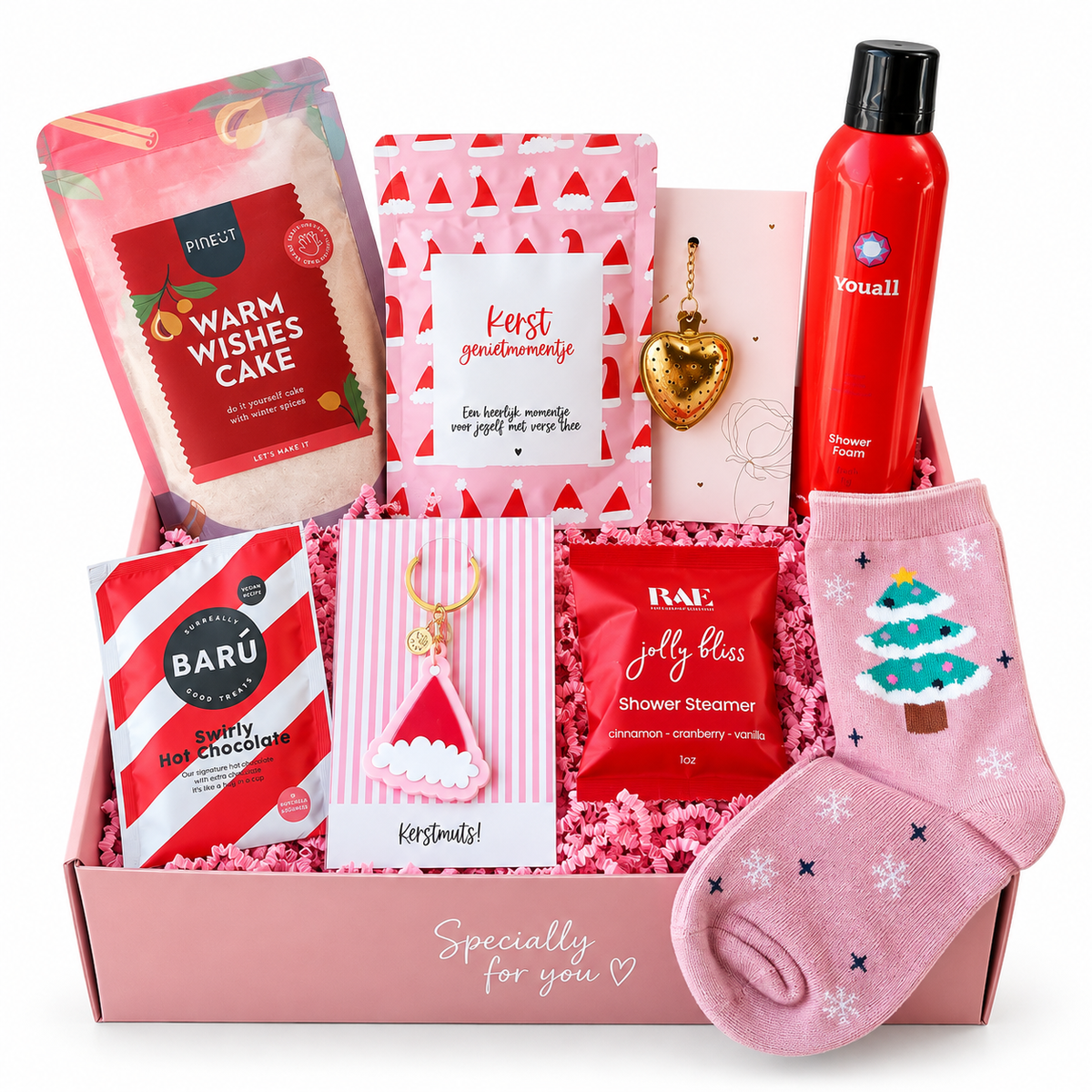 Luxe kerst cadeaubox voor haar met chocolade, self-care producten, kerstsokken en kerstcadeautjes inclusief kaartje
