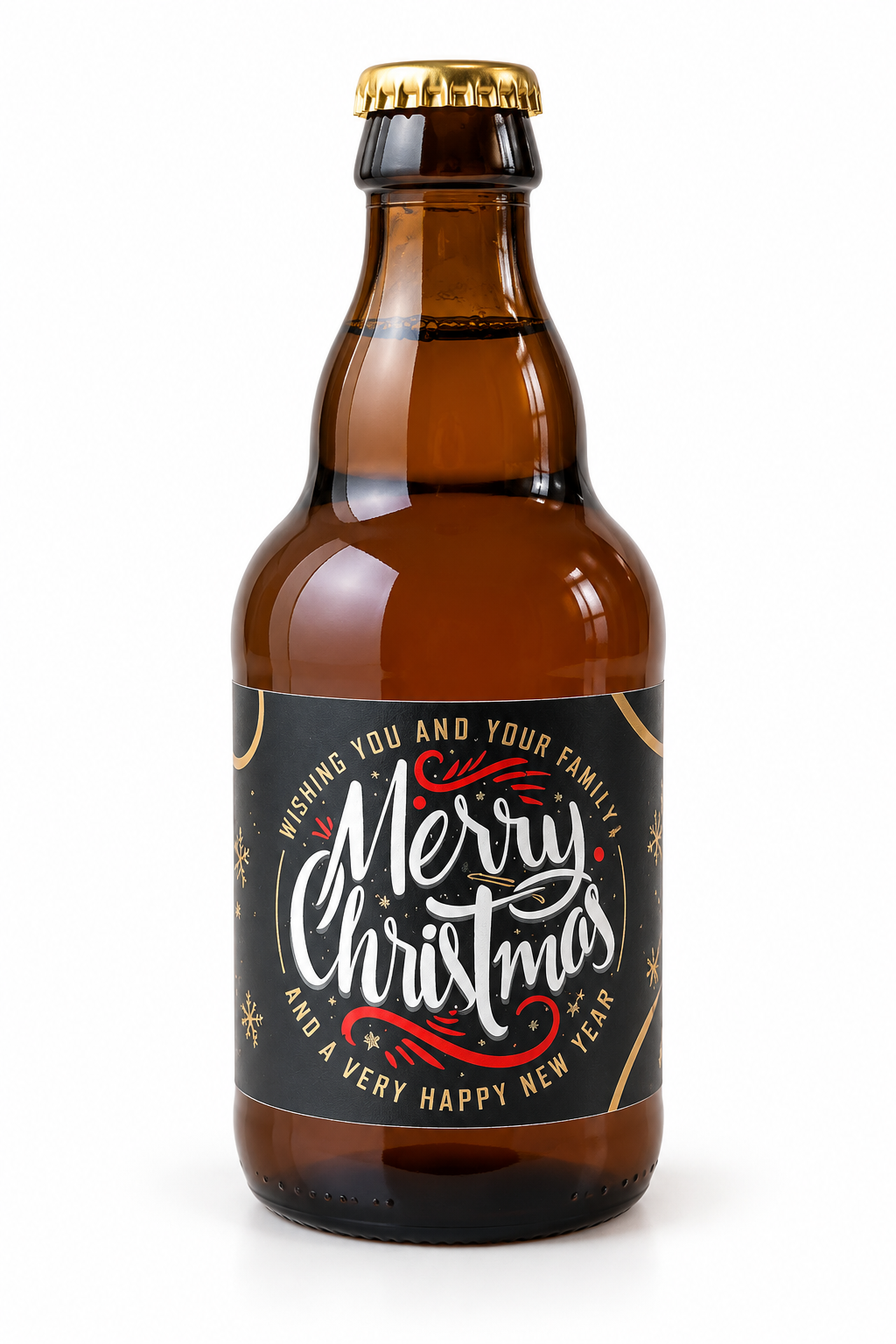 Amberkleurig bierflesje met zwart kerstlabel Merry Christmas in wit, rood en goud