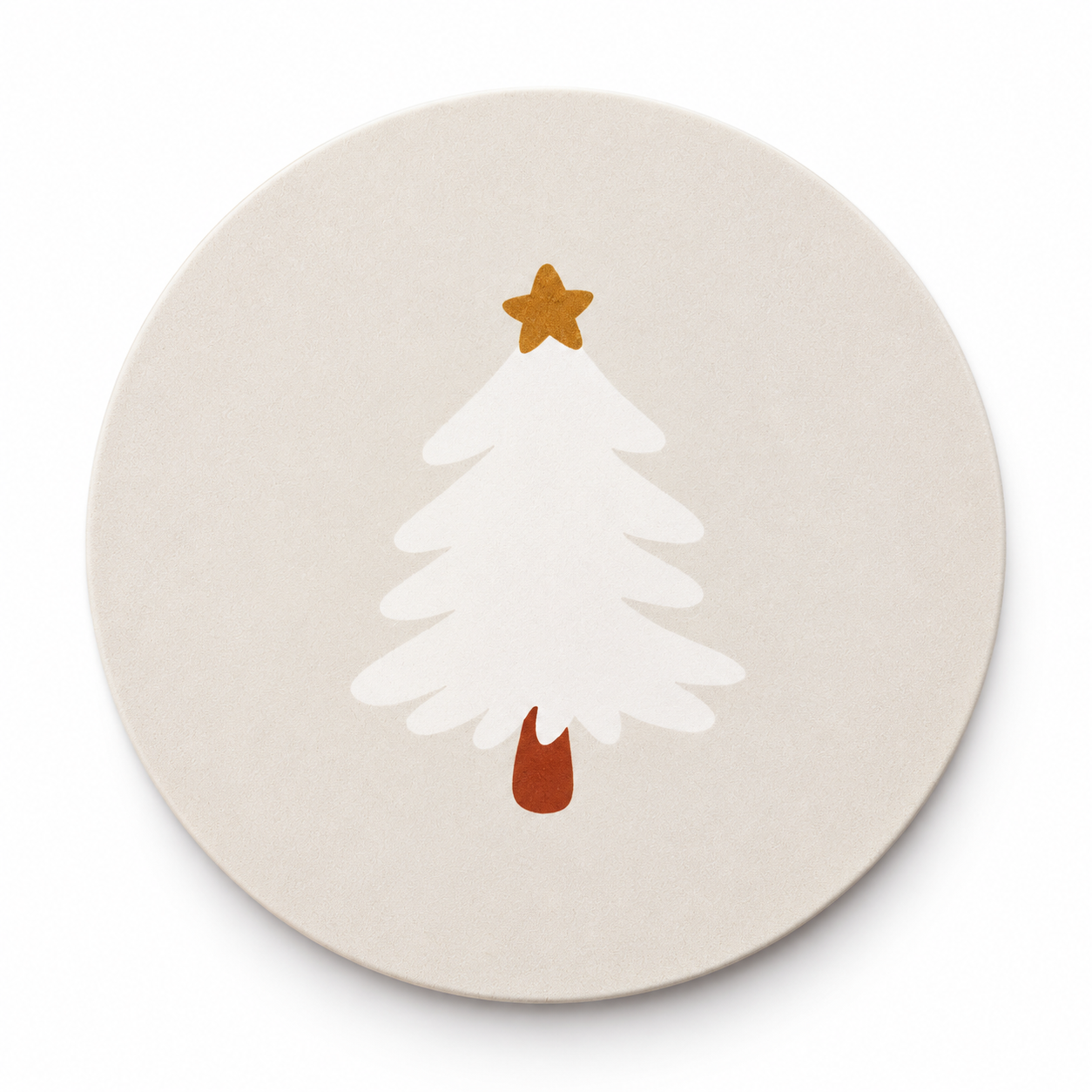 Ronde lichte onderzetter met minimalistische witte kerstboom en gouden ster