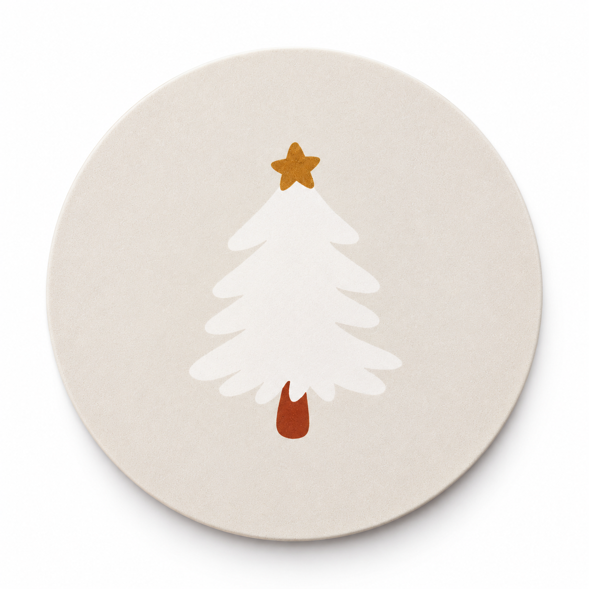 Ronde lichte onderzetter met minimalistische witte kerstboom en gouden ster