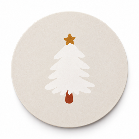 Ronde lichte onderzetter met minimalistische witte kerstboom en gouden ster
