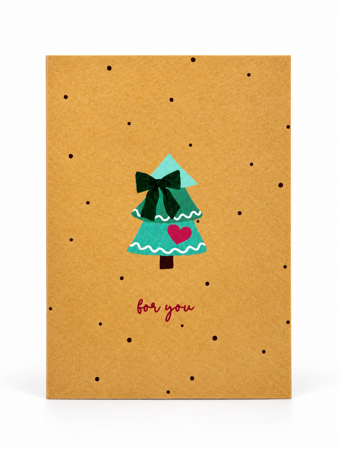 Kerstkaart For You met groene en turquoise kerstboom, donker strikje, rood hartje en stipjes op een goudbruine achtergrond
