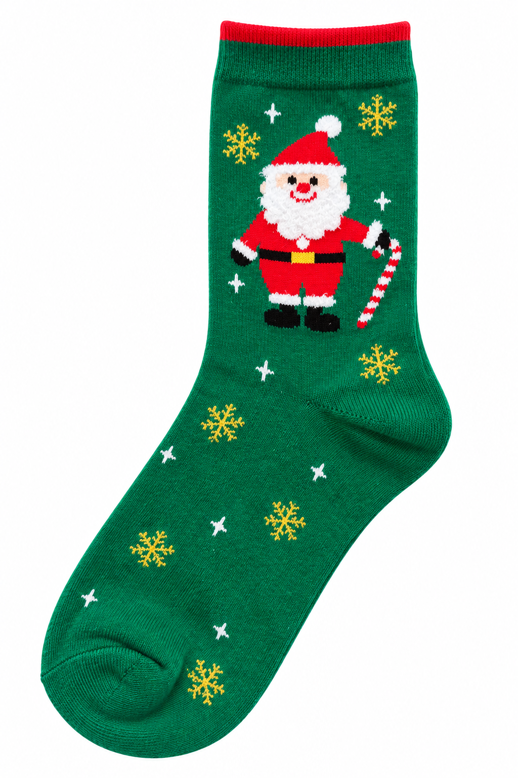 Groene kerstsok met Kerstman, zuurstok en gouden sneeuwvlokken op een witte achtergrond