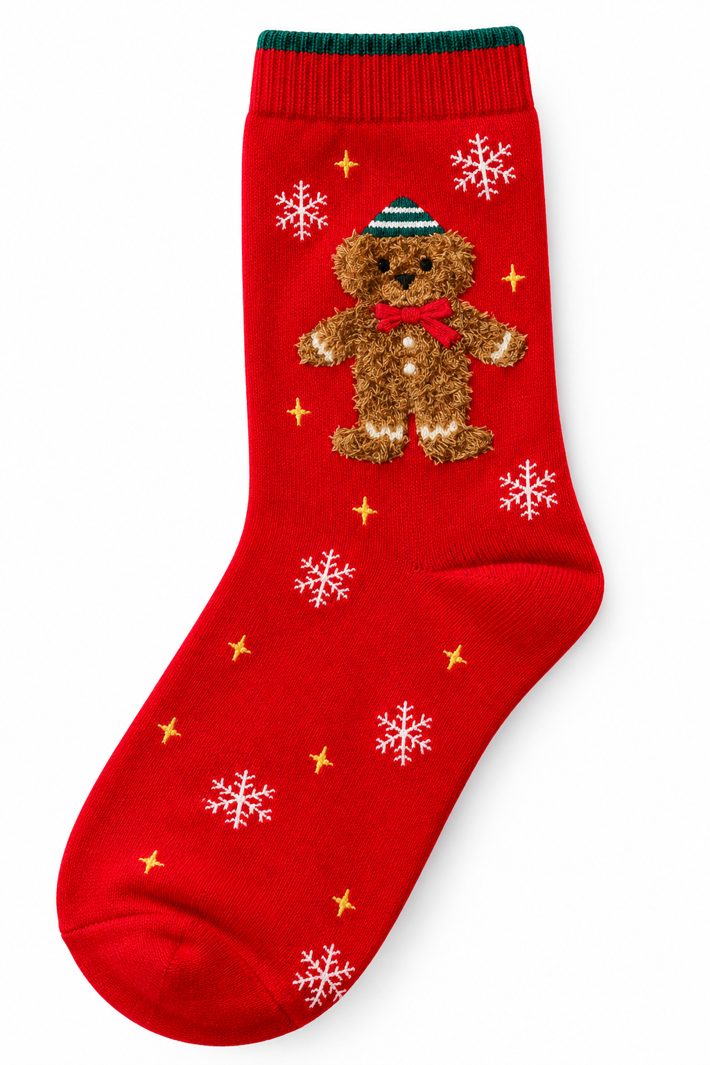 Rode kerstsokken met teddybeer, sneeuwvlokken en sterretjes op een witte achtergrond