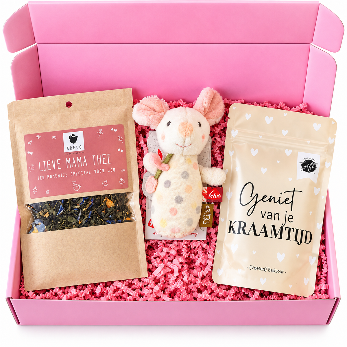 Kraamcadeau cadeaubox voor mama met Lieve Mama Thee, zachte knuffel en voetenbadzout