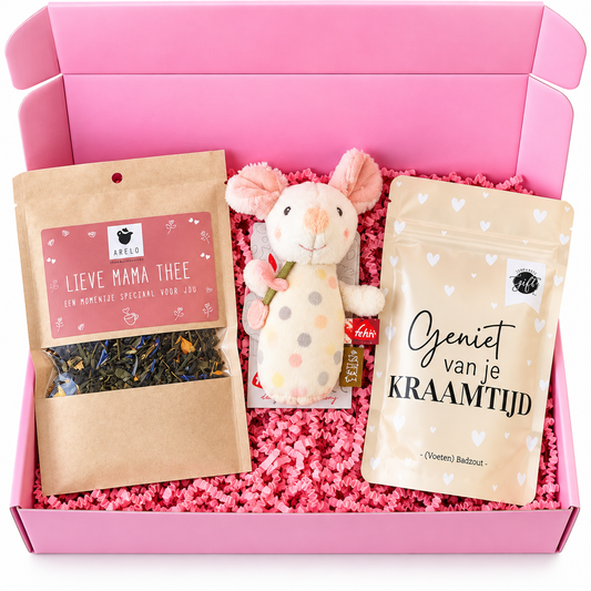Kraamcadeau cadeaubox voor mama met Lieve Mama Thee, zachte knuffel en voetenbadzout