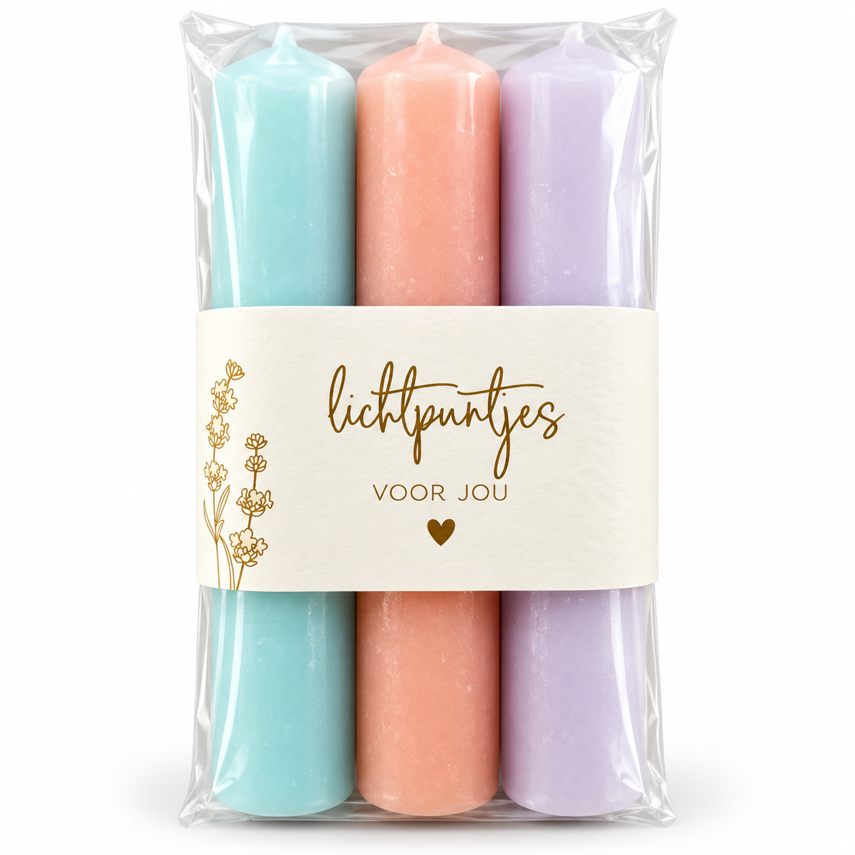  Set van drie pastelkleurige kaarsen in mintgroen, roze en lila met de tekst Lichtpuntjes voor jou op de verpakking.