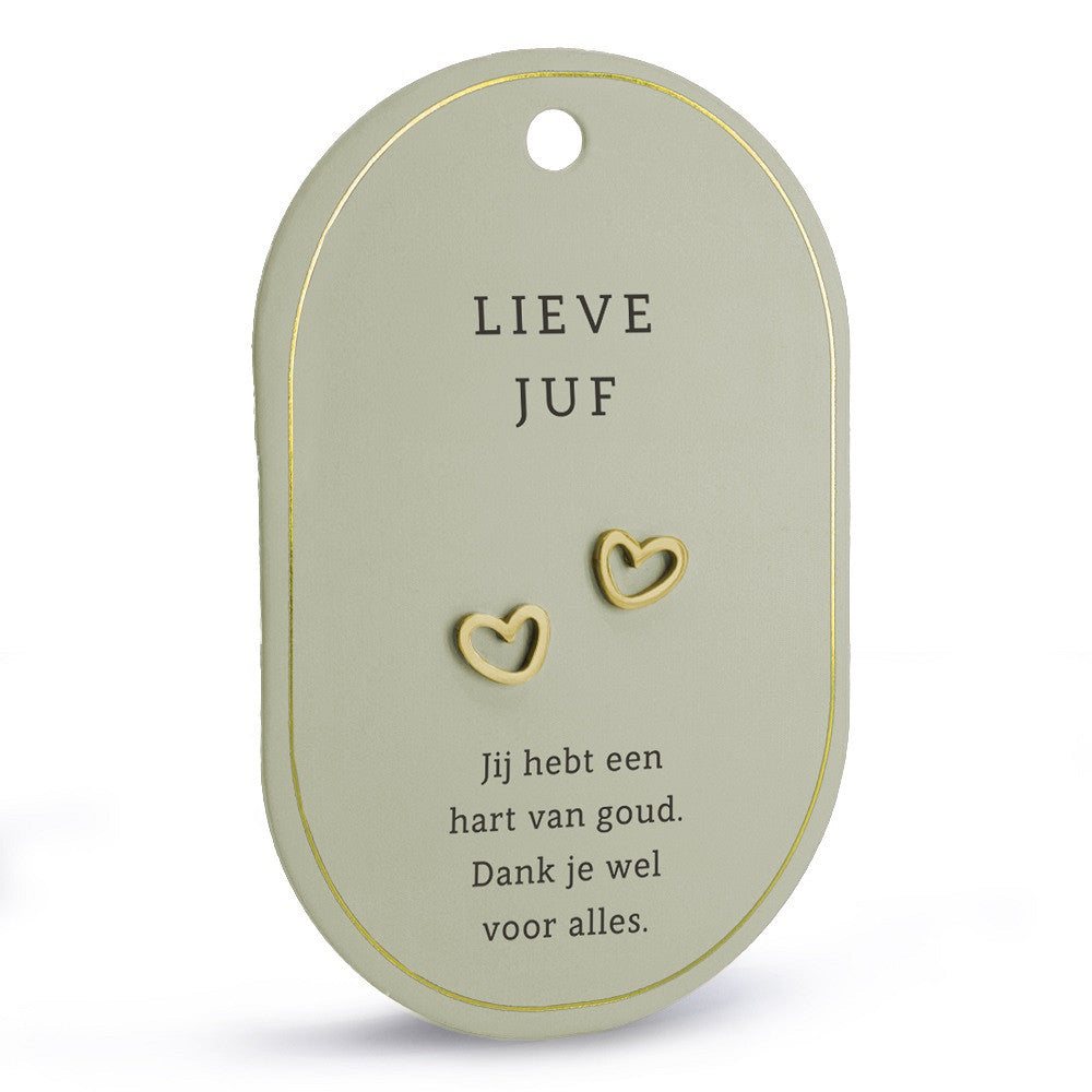 Goudkleurige hartjes oorbellen op cadeaukaart met tekst Lieve Juf, jij hebt een hart van goud. Dank je wel voor alles.