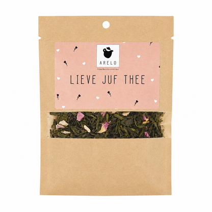 Lieve Juf Thee cadeau verpakking met groene thee en rozenblaadjes