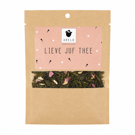Lieve Juf Thee cadeau verpakking met groene thee en rozenblaadjes