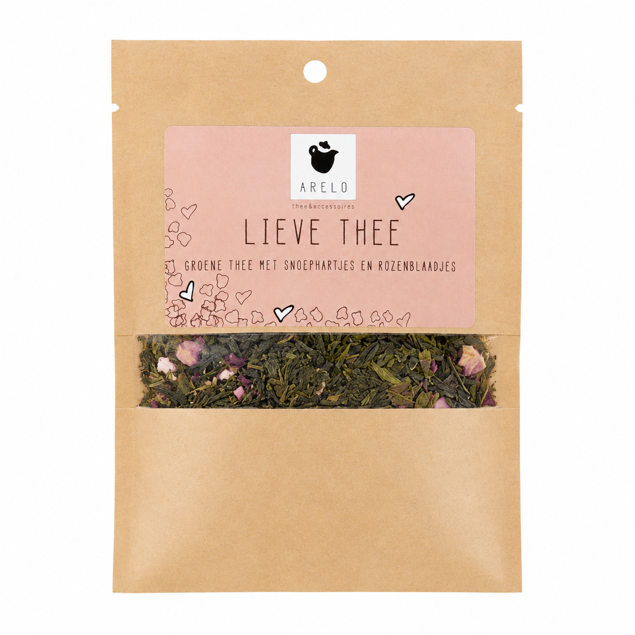 Lieve Thee cadeau verpakking met groene thee snoephartjes en rozenblaadjes