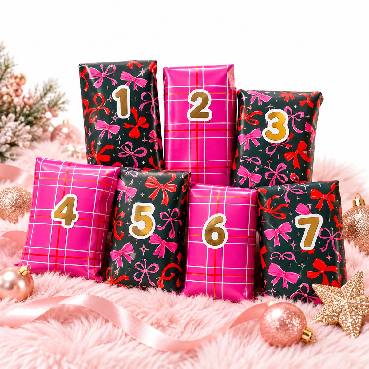 Luxe 7-daagse adventskalender 2026 met zeven roze en zwarte cadeautjes met gouden details van The Prezzent.
