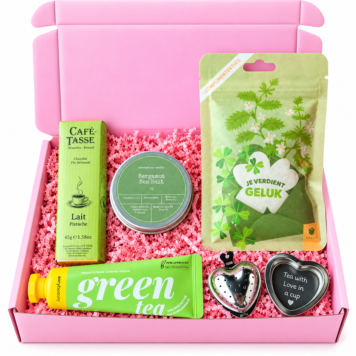 Luxe roze cadeaubox met groene thee, chocolade, handcrème, bergamotblikje en hartvormige theezeefjes van The Prezzent.