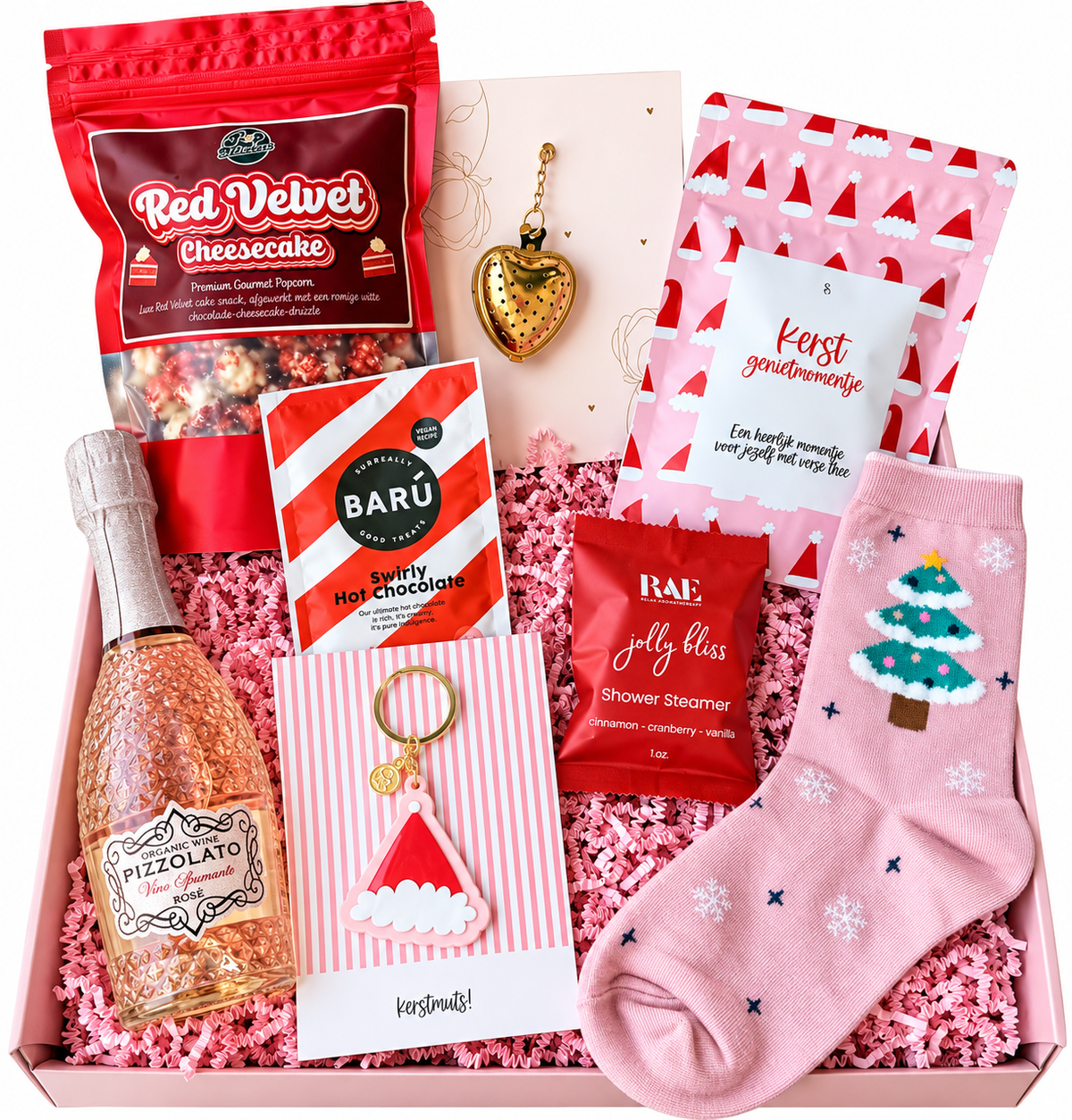 Luxe roze kerst cadeaubox met popcorn, rosé, warme chocolademelk, wellness en kerstsokken