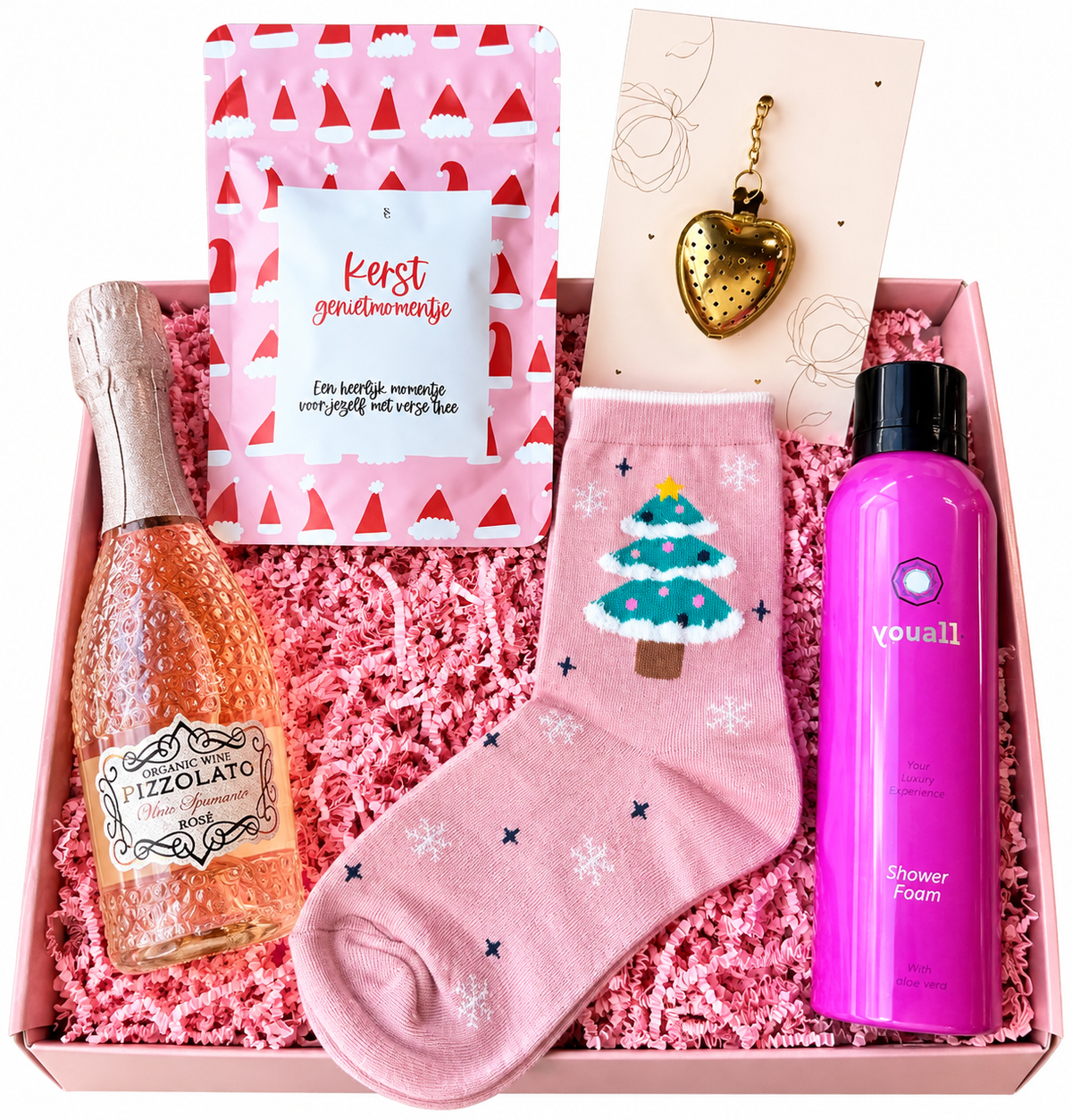 Luxe roze kerst cadeaubox met rosé, thee, gouden hart-theefilter, shower foam en kerstsokken