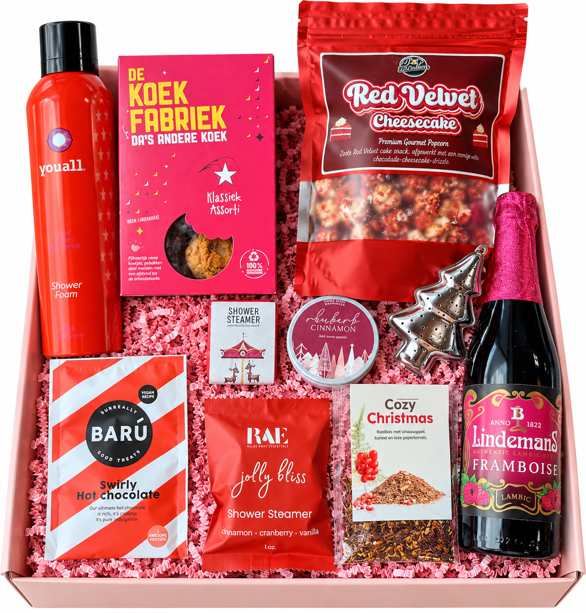 Luxe zakelijk kerstpakket met lekkernijen, wellness, thee en kerstcadeaus voor medewerkers en relaties