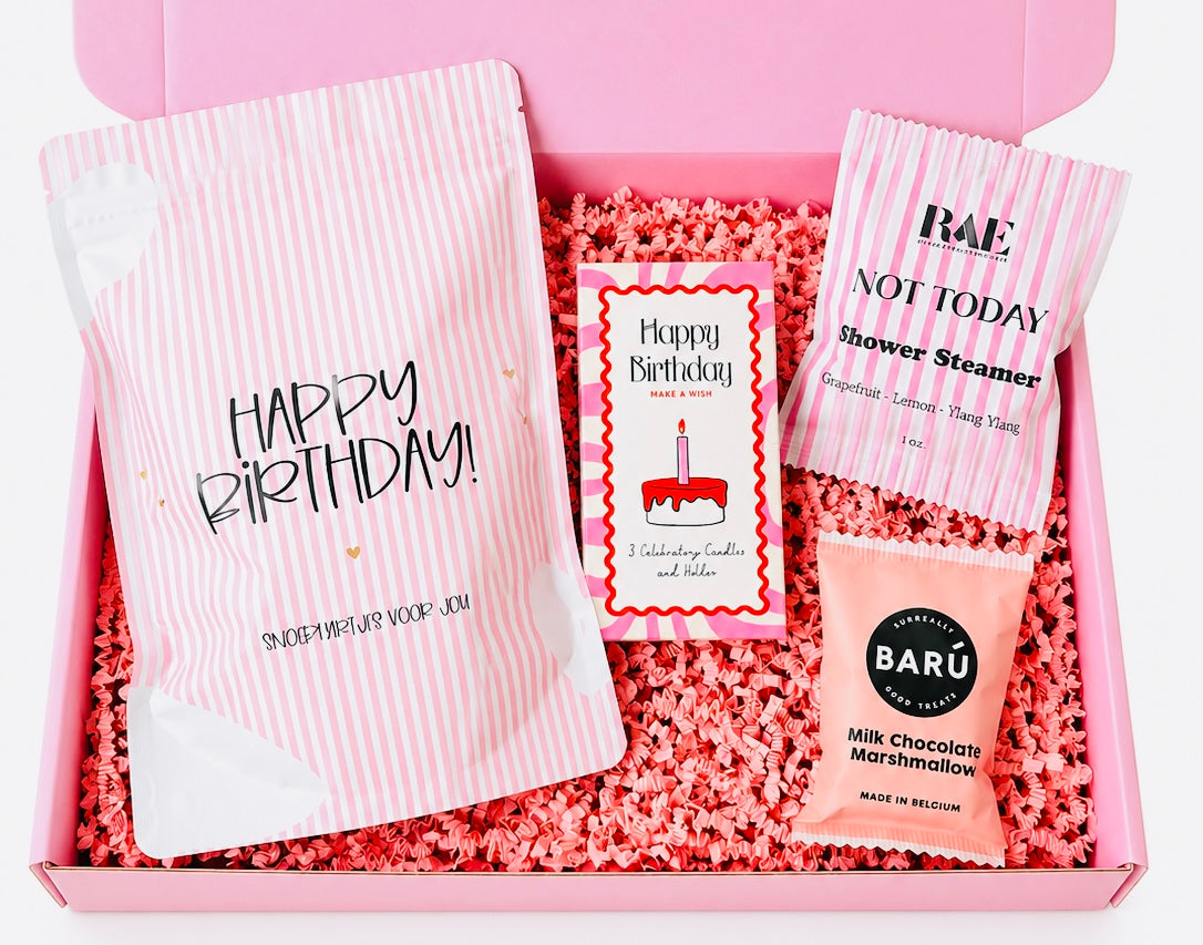 Make A Wish verjaardagscadeau voor vrouw met Happy Birthday kaarsen, shower steamer en chocolade