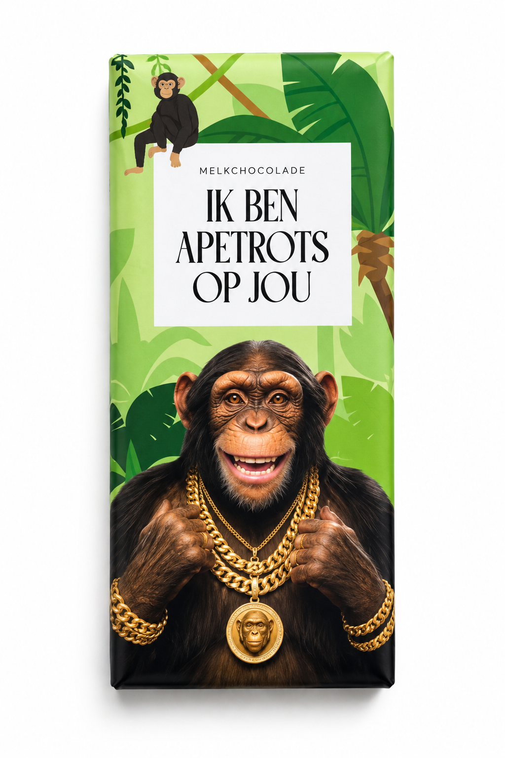Melkchocolade reep Ik ben apetrots op jou met jungle en chimpansee verpakking