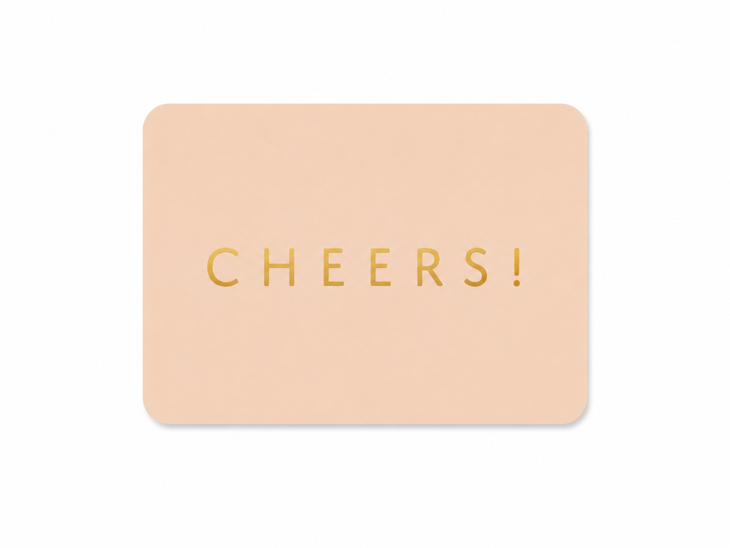 Peachkleurig mini kaartje met gouden tekst “Cheers!” op witte achtergrond.