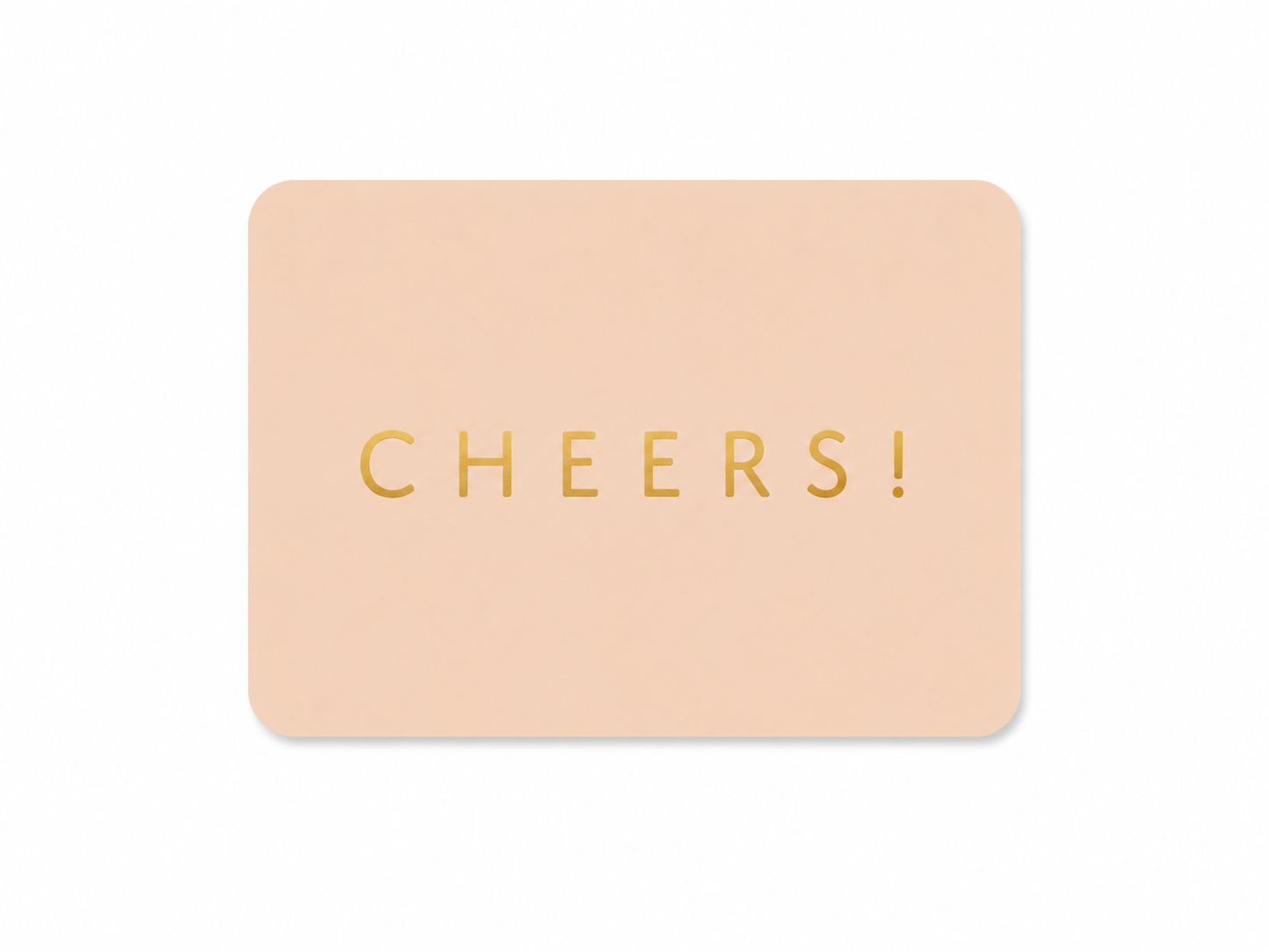 Peachkleurig mini kaartje met gouden tekst “Cheers!” op witte achtergrond.