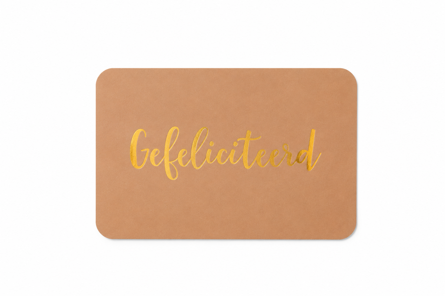 Mini kaartje Gefeliciteerd met goudkleurige tekst op een beige achtergrond voor cadeauboxen en cadeaus.