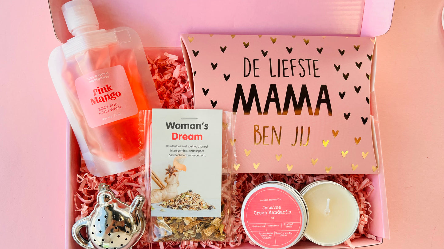Moederdag brievenbus cadeau met liefste mama doosje, pink mango body wash en thee