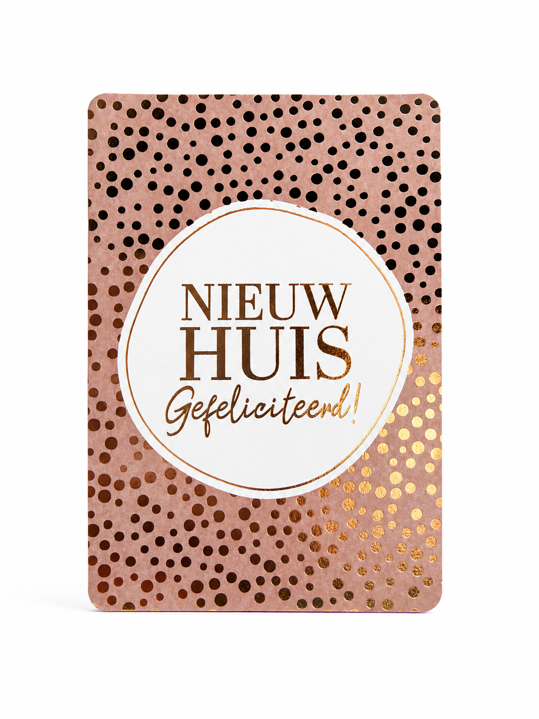 Wenskaartje met de tekst Nieuw huis gefeliciteerd op een roze achtergrond met gouden feestelijke stippen