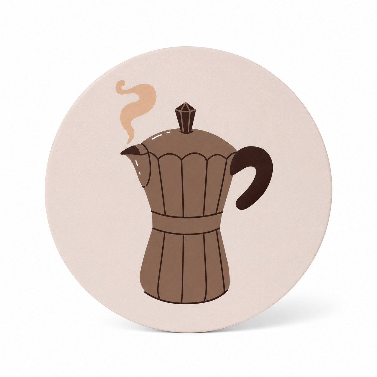 Beige ronde onderzetter met illustratie van een koffiepot, perfect voor koffieliefhebbers.