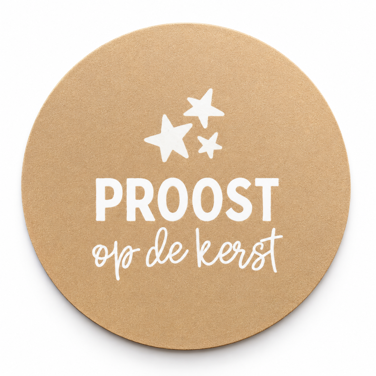 Ronde goudkleurige onderzetter met de tekst Proost op de Kerst en witte sterren