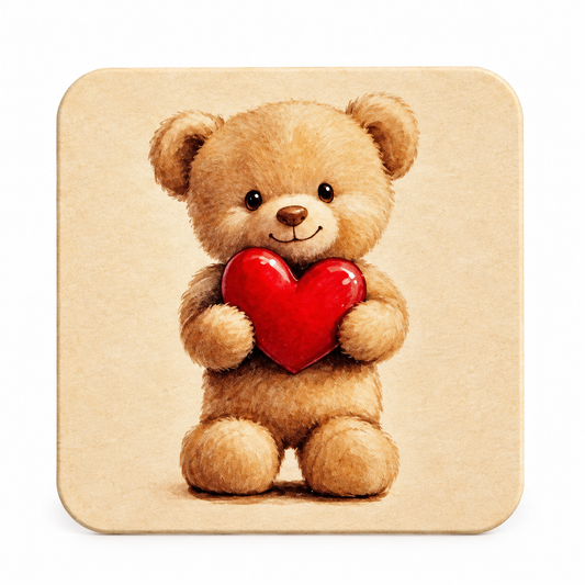 Vierkante onderzetter met een teddybeer die een rood hartje vasthoudt op een lichte achtergrond
