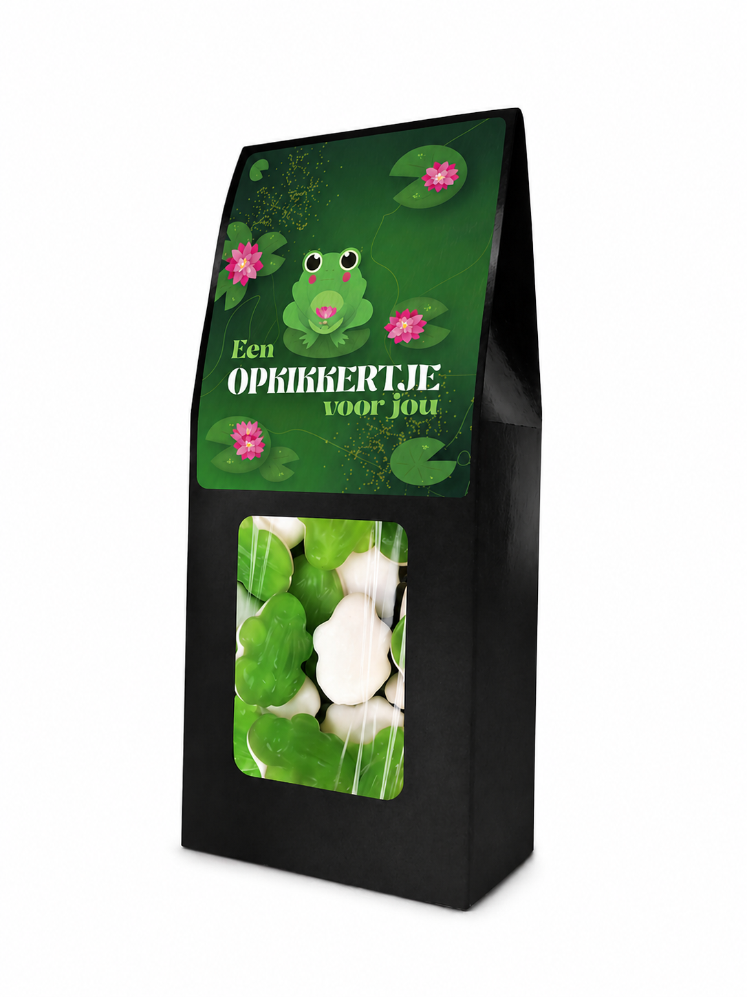 Zwart cadeaudoosje met kikker thema en groene en witte snoepjes, opkikkertje cadeau voor beterschap of verrassing