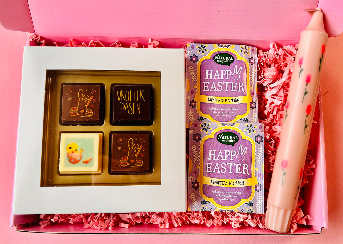 paas cadeaubox vrolijk pasen cadeau chocolade thee verrassing