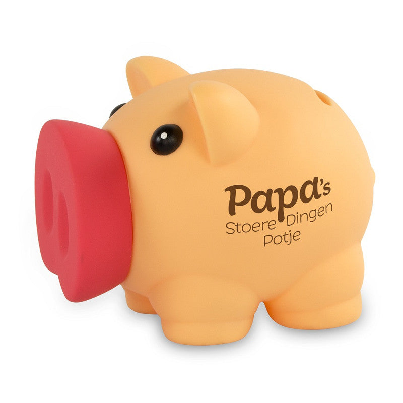 Spaarvarken met de tekst Papa’s Stoere Dingen Potje, origineel cadeau voor Vaderdag of verjaardag.