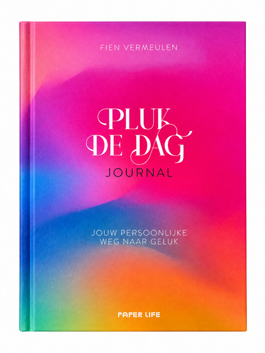 Pluk de Dag Journal van Fien Vermeulen met kleurrijke roze, paarse, blauwe en oranje omslag op witte achtergrond