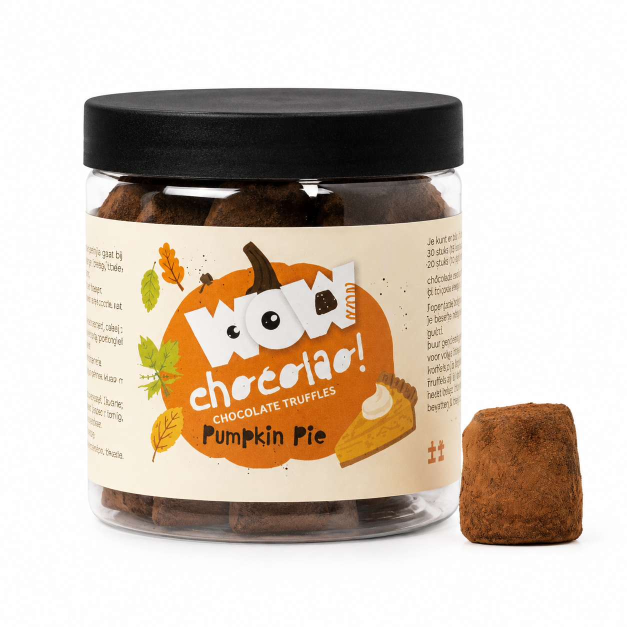 Pumpkin Pie Chocolate Truffles in potje met pumpkin verpakking en chocoladetruffel