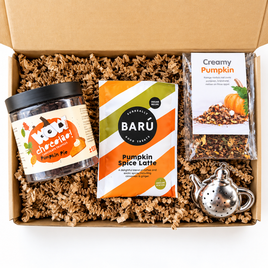 Pumpkin Spice cadeaubox met chocoladetruffels thee latte en thee-infuser