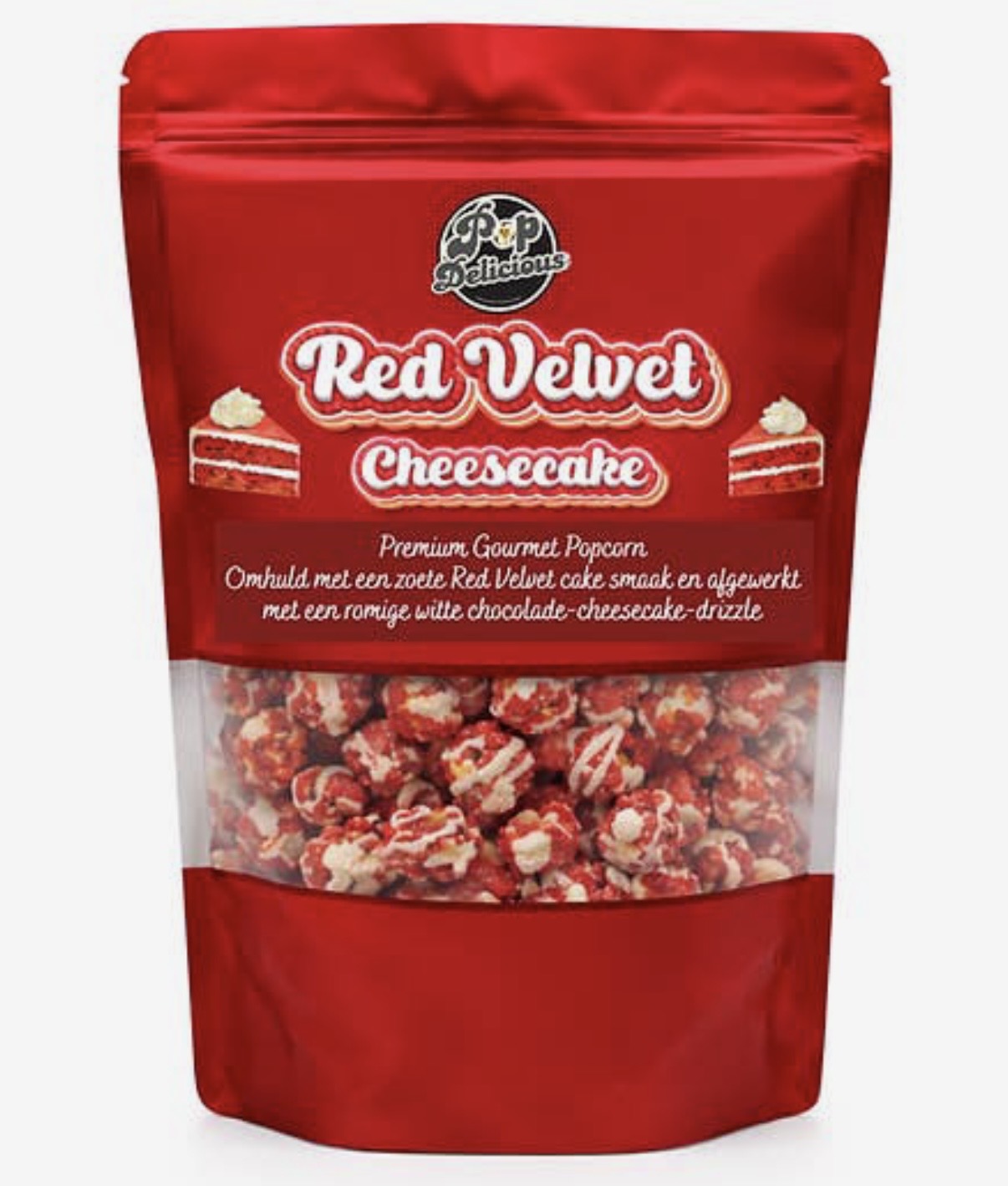 Red Velvet Cheesecake popcorn – premium gourmet popcorn met witte chocolade drizzle