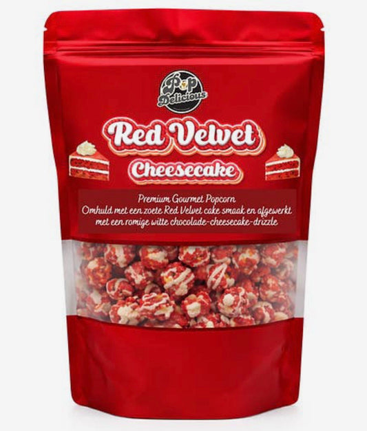Red Velvet Cheesecake popcorn – premium gourmet popcorn met witte chocolade drizzle