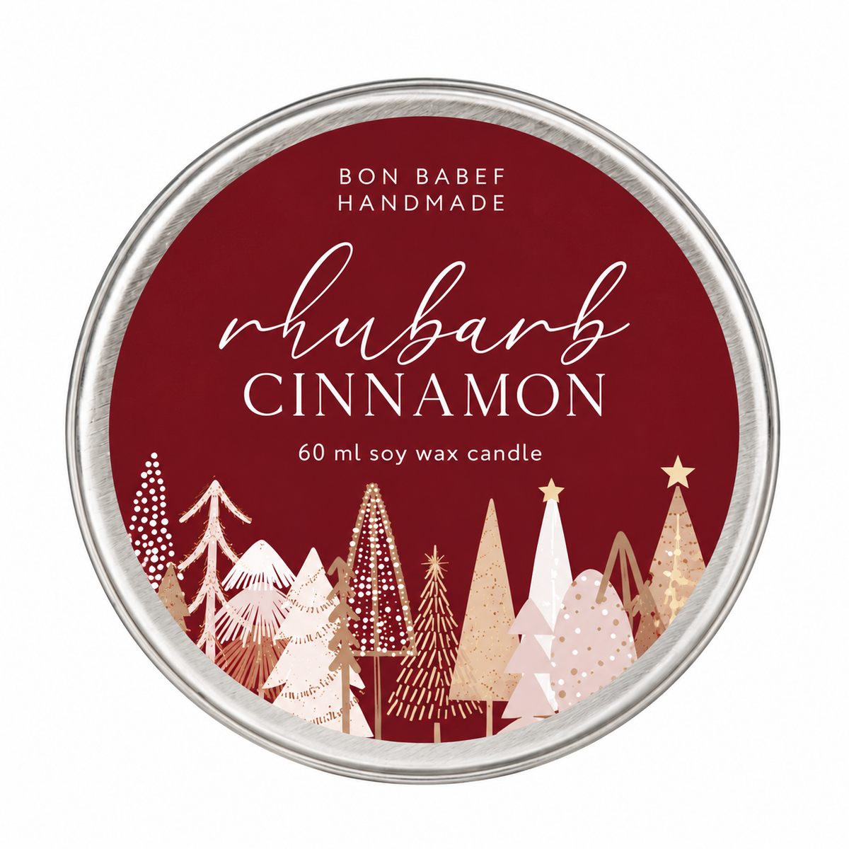 Ronde Rhubarb Cinnamon handgemaakte sojakaars van 60 ml met rood kerstdesign en decoratieve kerstbomen