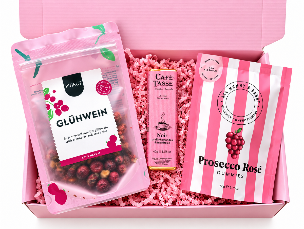 Luxe roze Rosé Glühwein Cadeaubox met glühweinmix, ambachtelijke chocolade en Prosecco Rosé gummies