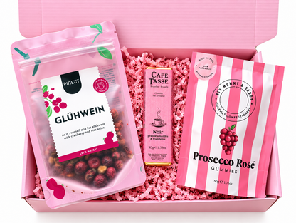 Luxe roze Rosé Glühwein Cadeaubox met glühweinmix, ambachtelijke chocolade en Prosecco Rosé gummies