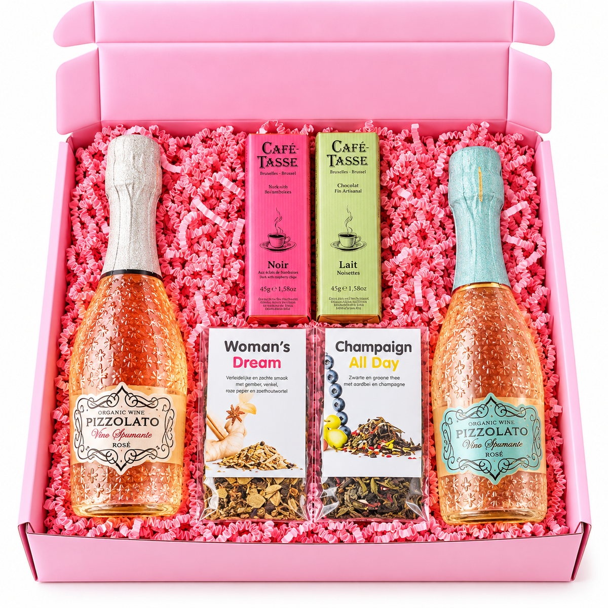 Roze cadeaubox met twee flessen Pizzolato rosé, Café-Tasse chocolade en twee soorten losse thee, feestelijk verpakt met roze opvulmateriaal.