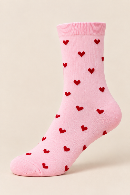 Roze damessok met rode hartjesprint en geribde boord op een beige achtergrond.