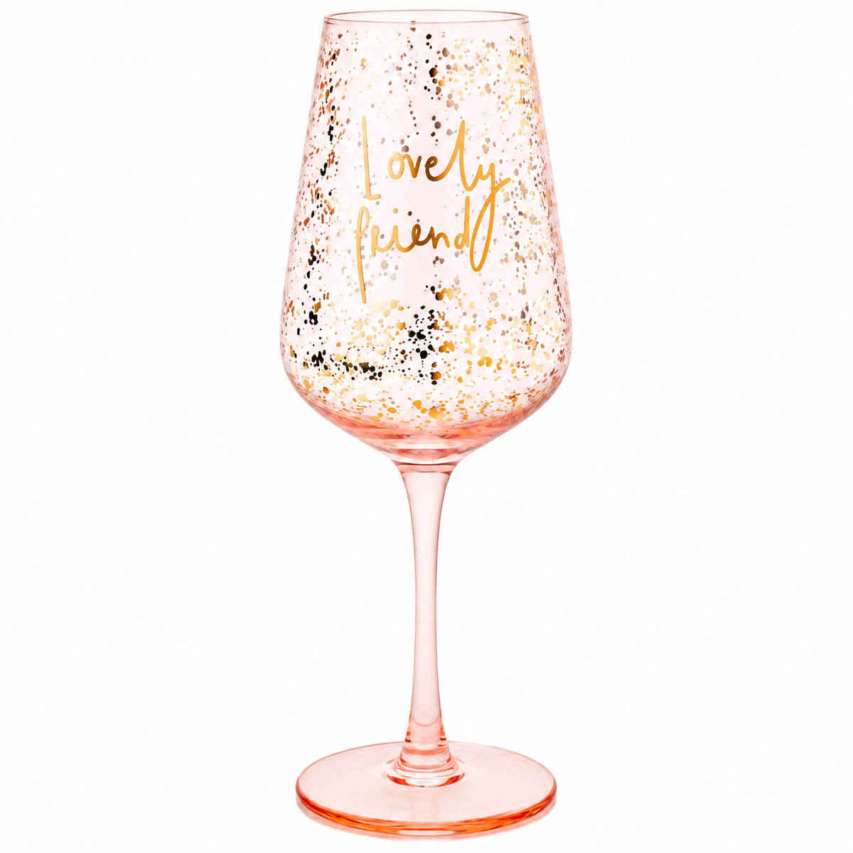 Roze Lovely Friend wijnglas met gouden spikkels in luxe cadeauverpakking op een witte achtergrond.