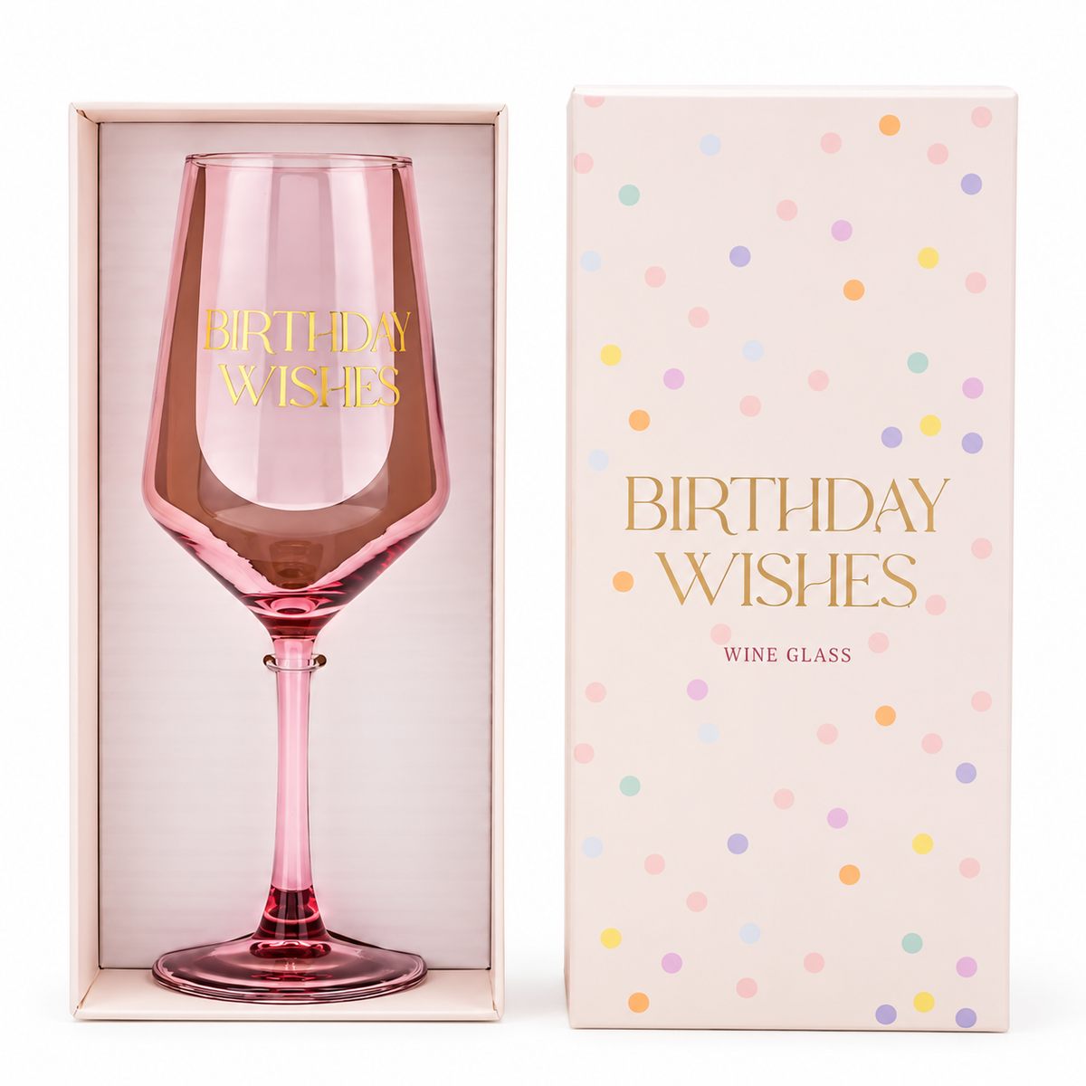 Roze wijnglas met gouden tekst Birthday Wishes in luxe cadeauverpakking met stippen.