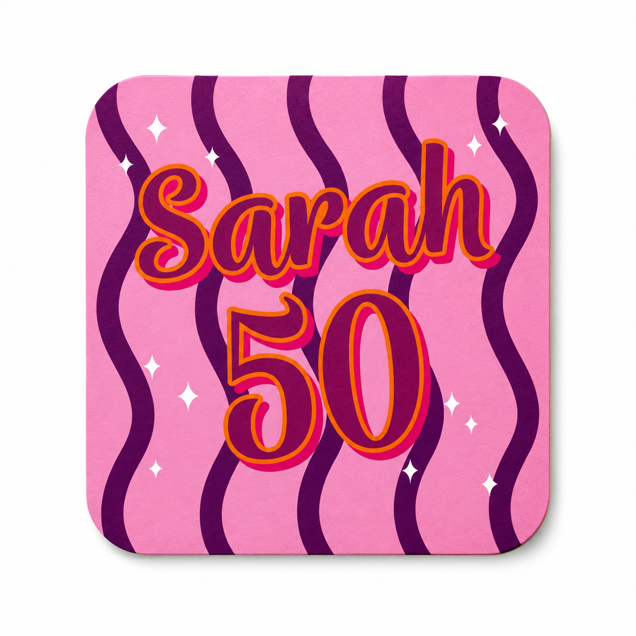 Sarah 50 onderzetter met roze en paarse print als cadeau voor een vrouw die 50 jaar wordt