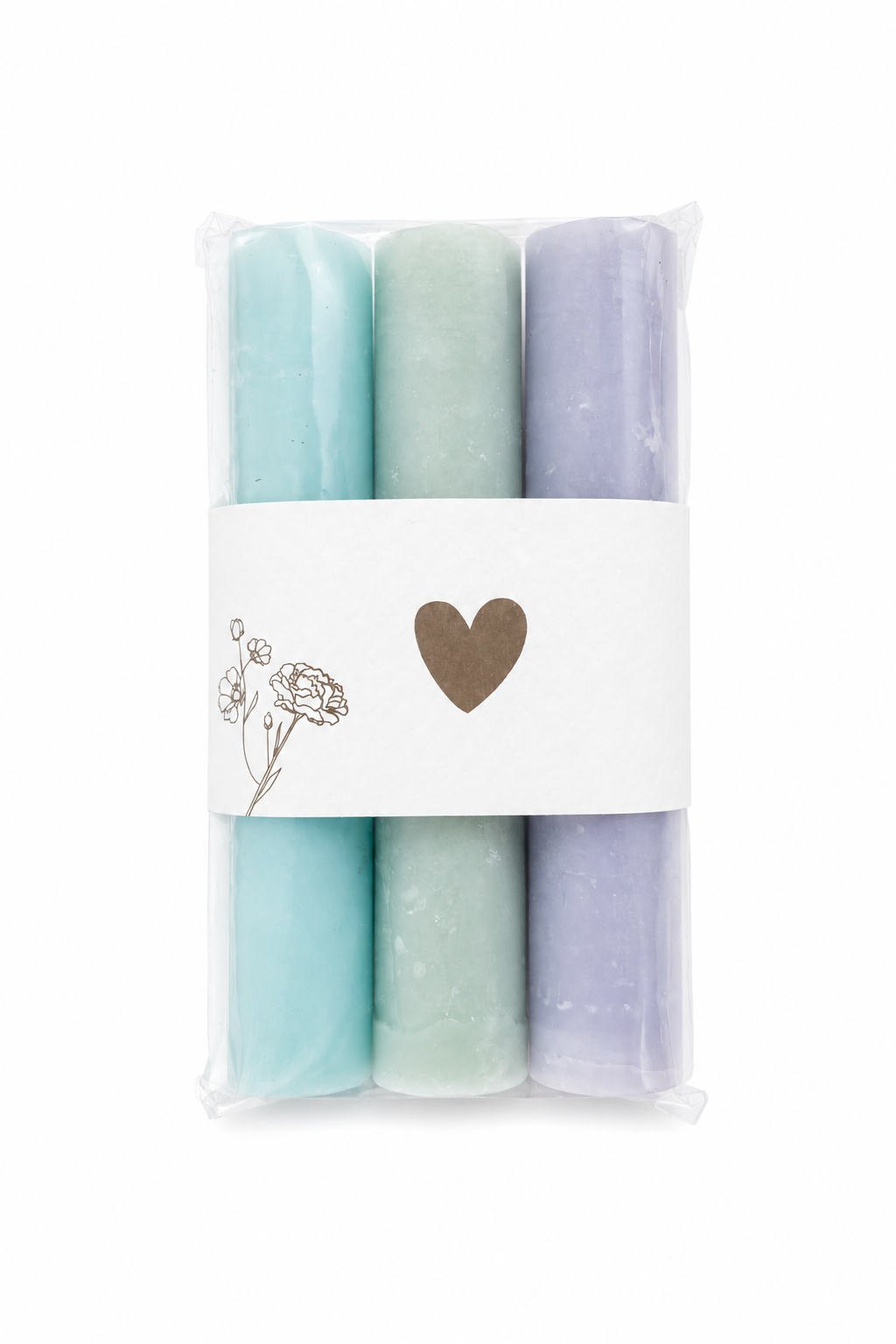 Set van drie mini dinerkaarsen in pastelkleuren (mintgroen, lichtgroen en lila) in luxe cadeauverpakking van The Prezzent.